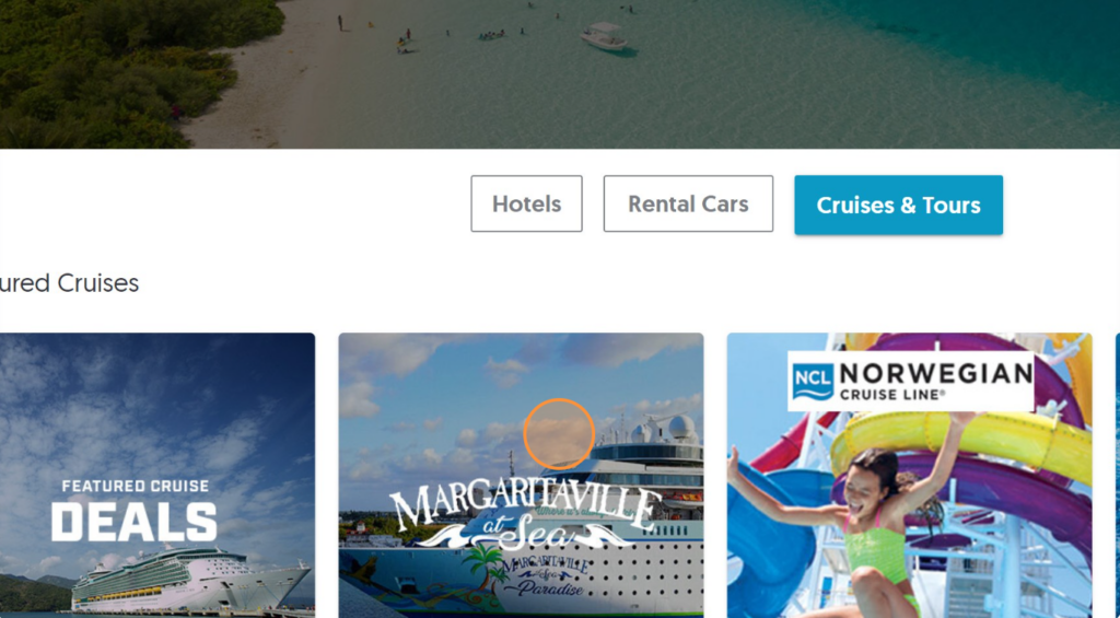 Shows the available cruise and tour discounts with GovX including the Margaritaville at sea's free cruise for military members
