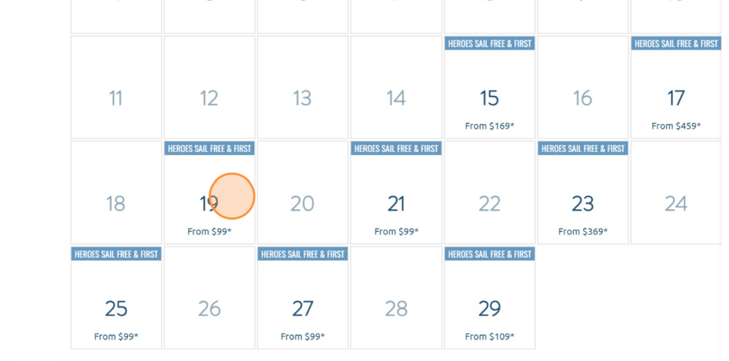 Shows a calendar with the dates and associated cruise fares of free cruise for military members
