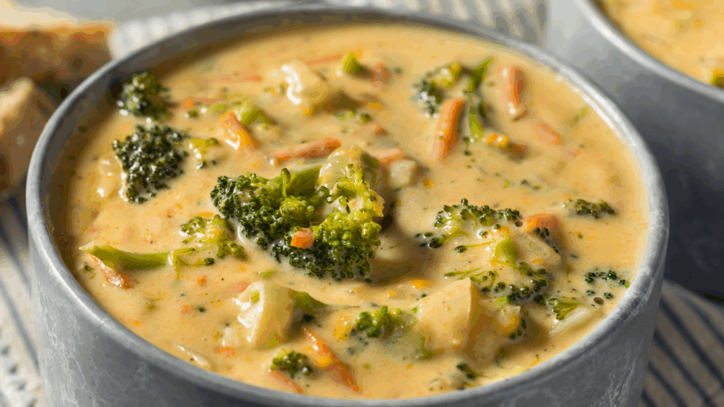 Broccoli cheddar soup with crusty bread, inspired by Panera- easy 15-minute recipe for busy nights