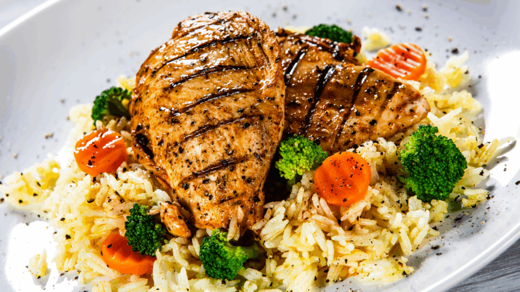Quick chicken dinner with rice and roasted vegetables -