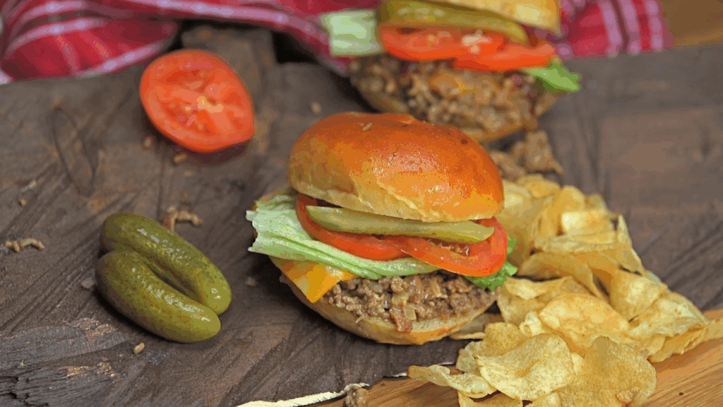 Sloppy Joes on a bun with pickles; easy 15-minute recipe for busy nights